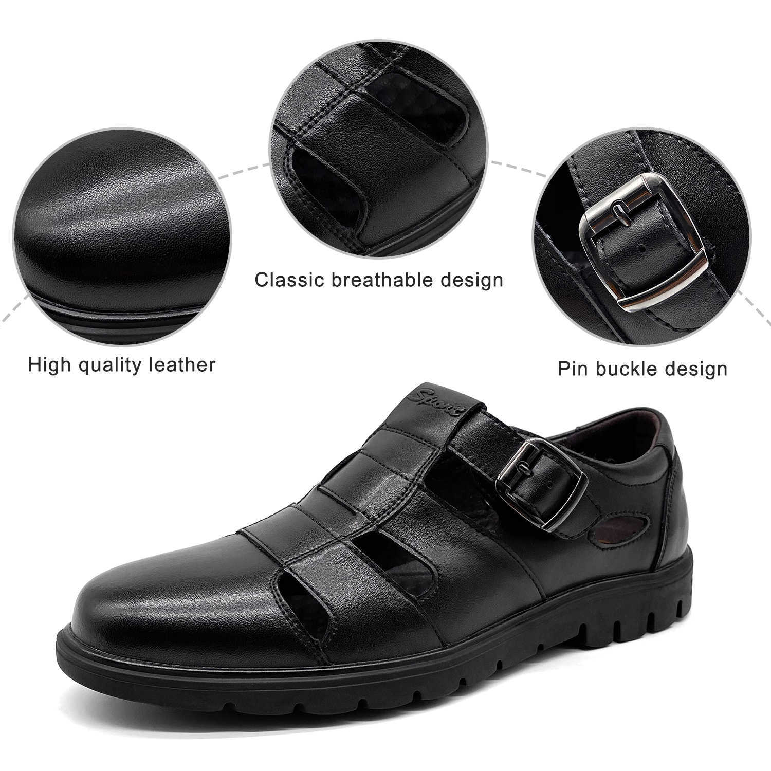 Men's Black Leather Closed Toe Sandals Hollow Out Breathable Fisherman Sandals Buckle Strap Non-Slip Casual Business Walking Shoes