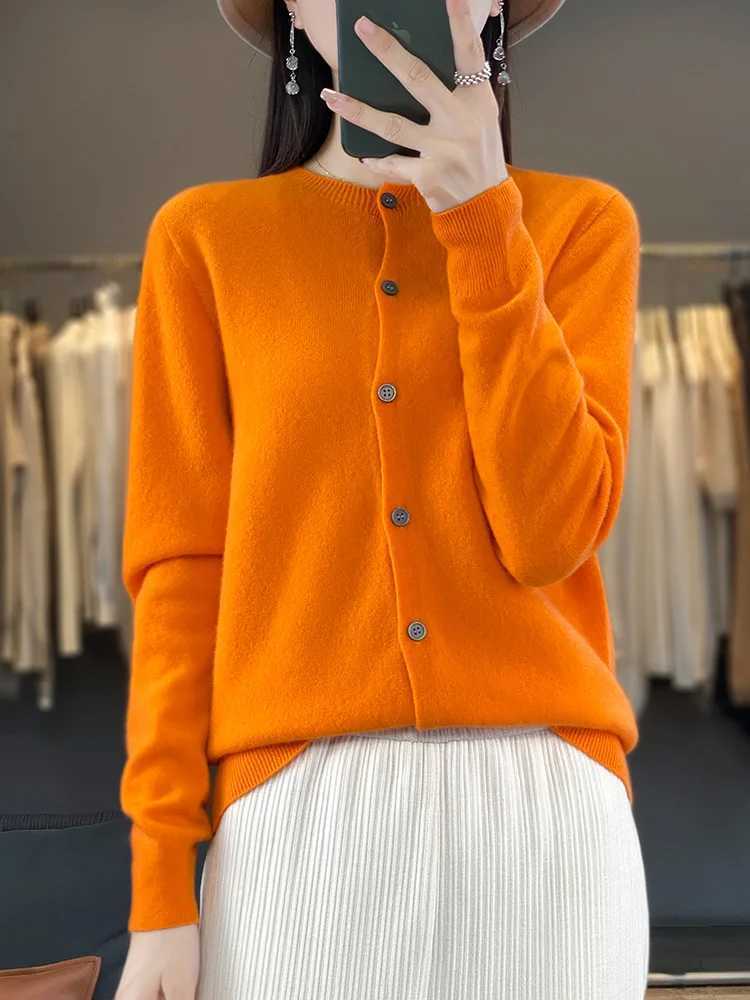 100 Merino Wool Sweater Women O-Neck Cardigan Basic Style Buttoned Knitwear Female Casual Autumn Winter Soft Tops M260306
