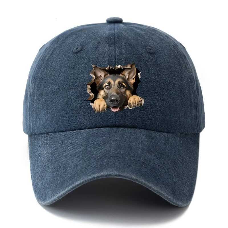 Adjustable retro washed baseball cap with German Shepherd print suitable for casual hip-hop hats at parties and festivals S260306
