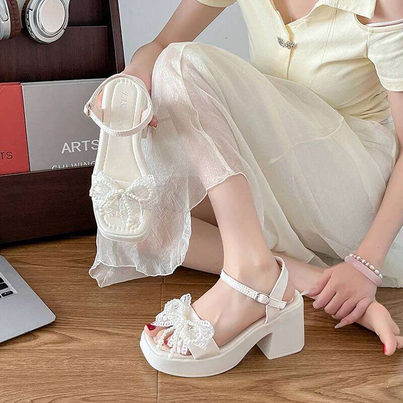 2026 Summer New Women's Bow High Fashion Open toed One line Buckle Strap Thick Heel Sandals