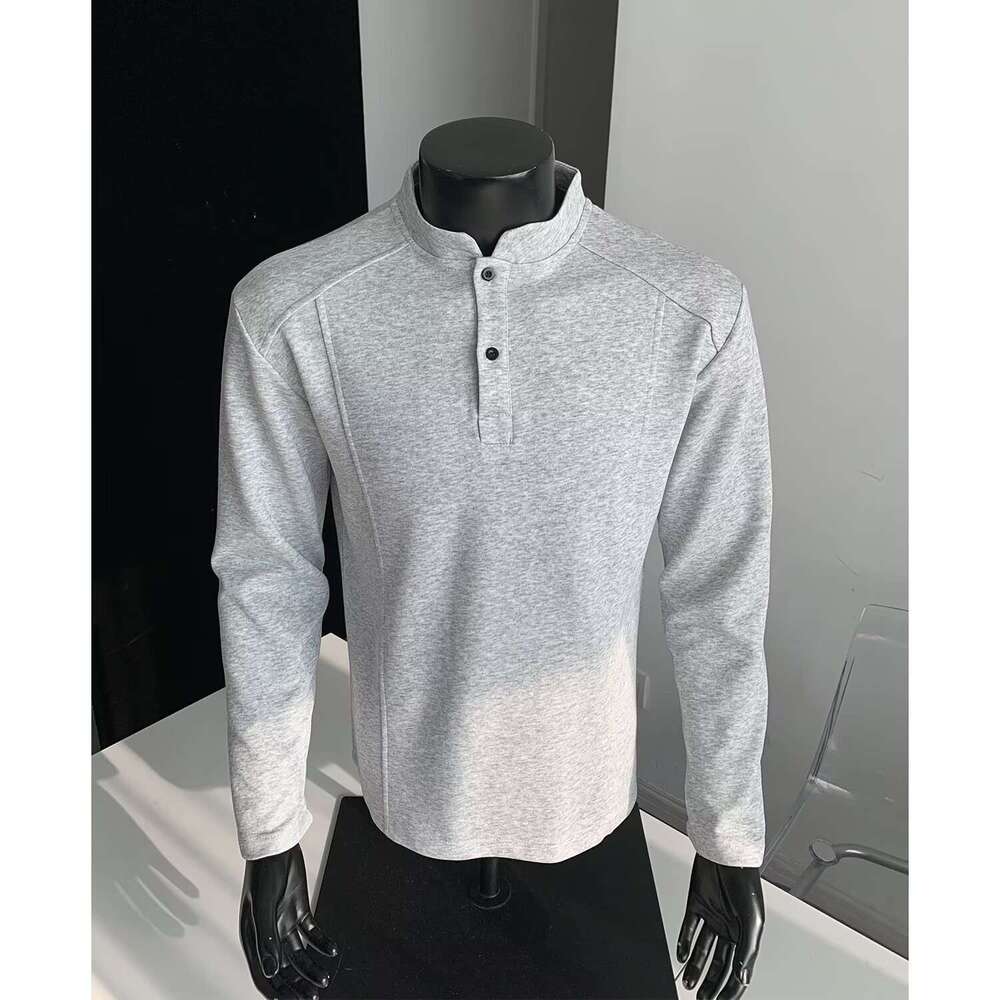 Light Gray Patchwork Deconstructed Henley Neck T-Shirt for Men, Spring and Autumn American Style Trendy Versatile Loose Polo Base Shirt Top