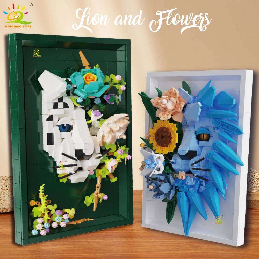 HUIQIBAO MOC Lion Leopard Shark with flower Building Blocks Animal model Hanging wall Brick Toy set display stand Home Decor. Z260306
