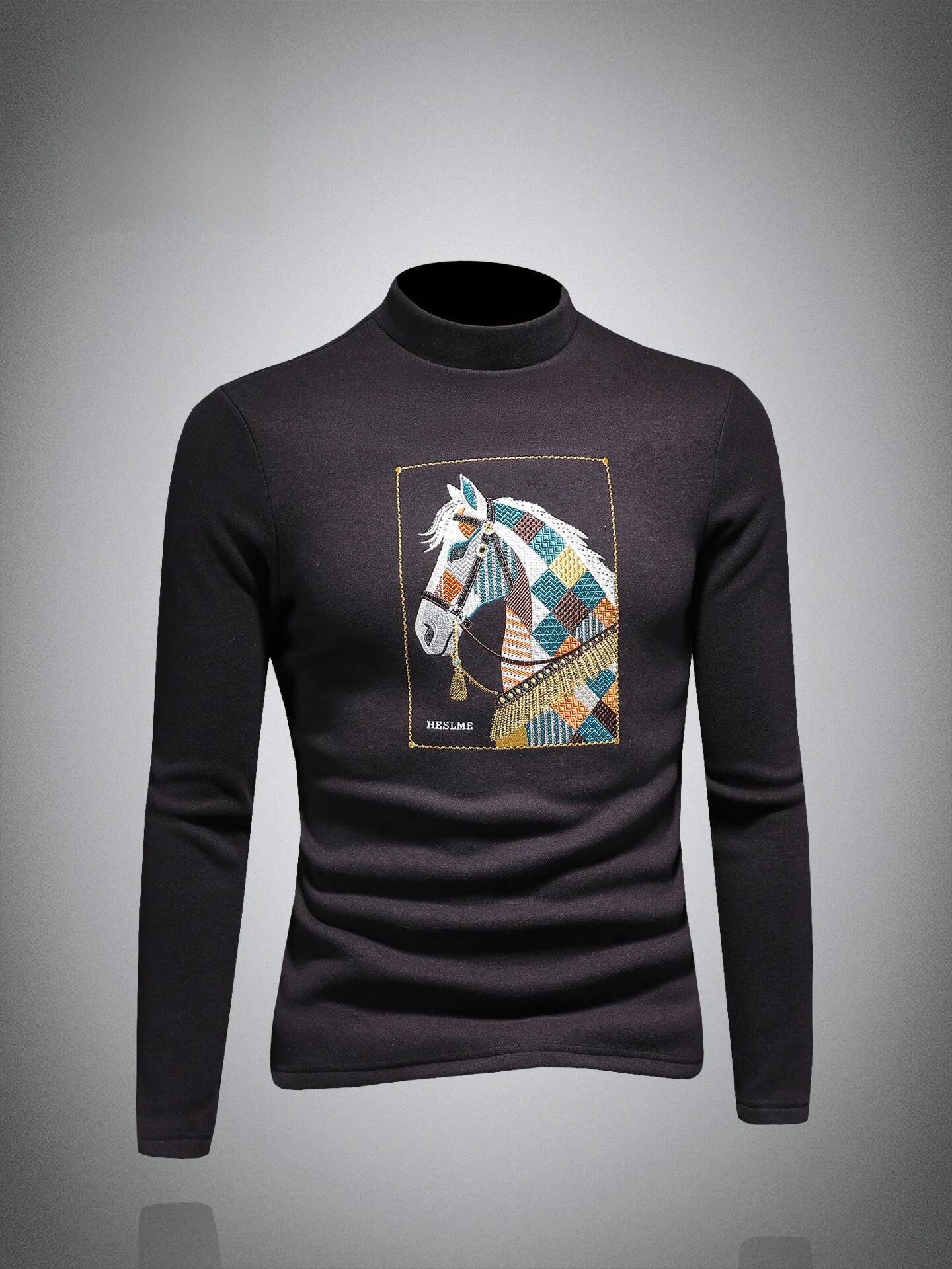 Embroidered Fce Lined Thi Long Sve f High Collar Men's T-irt for Winter Warm Base Layer irt