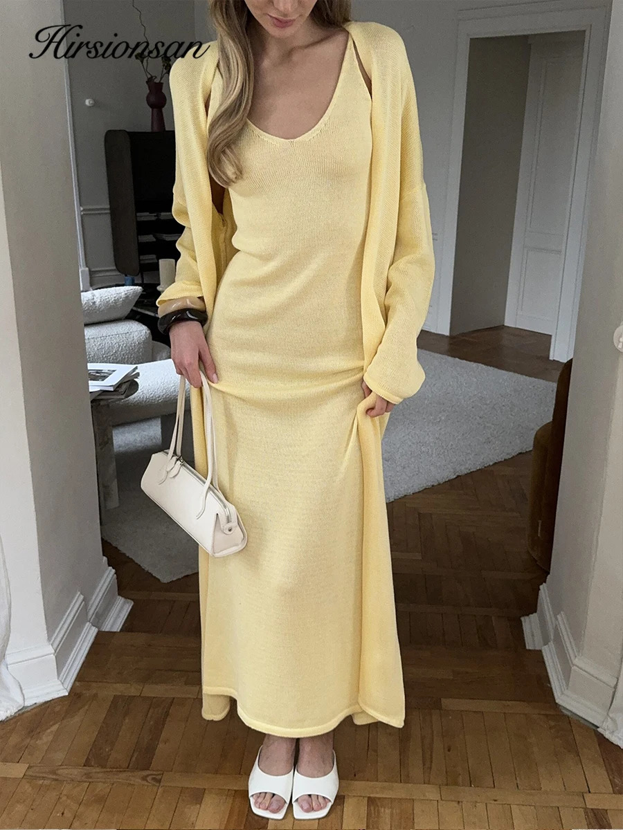Hirsionsan Soft Loose Sets Women Three Pieces Long Sleeve Cardigan Sexy Vest Dresses Elegant Female Hollow Outfits Tracksuit 260304