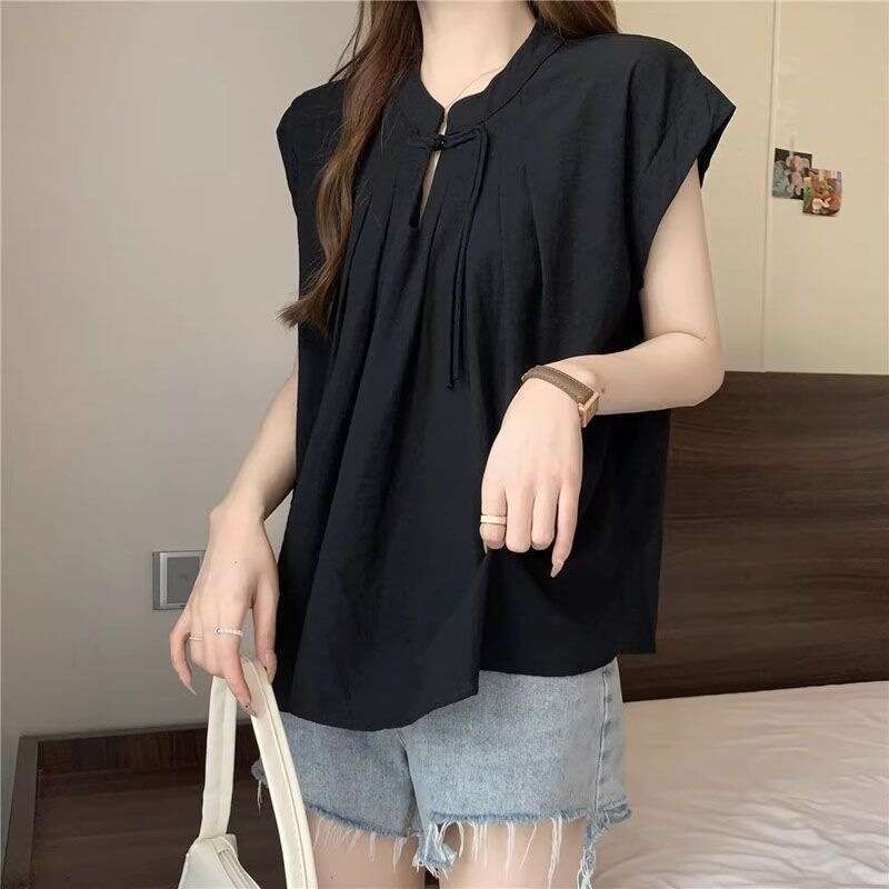 Loose Fit White ort Sve irt New Chinese Sle Women's Summer Top Zen Design Sensation National Trend Loose Upperwear