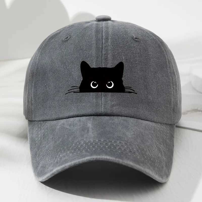 Cute cat print vintage washed baseball cap for men and women versatile casual curved brim hat S260306