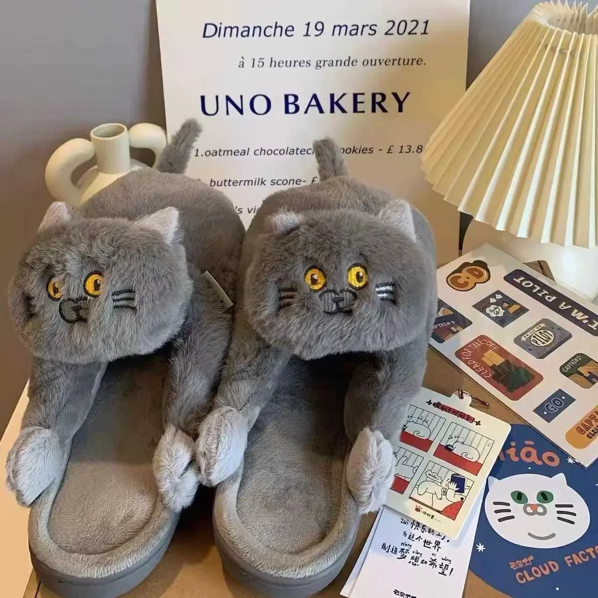Blue Cat Cotton Slippers Jerk Cat Sense Semi-Packed Heel Cotton Shoes Plush Home Cute Warm Show Heel Simulation Cat Slippers S260305