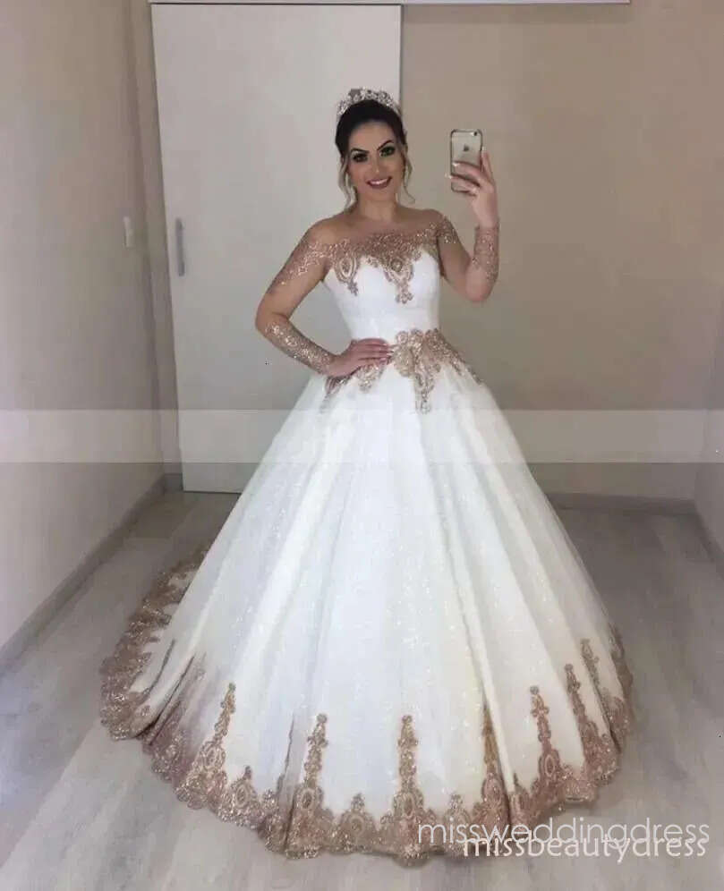 Princess White Wedding With Rose Gold Appliques Vintage Transparent Long Sleeves Bridal Dress Ball Gown robe mariage Dresses D07