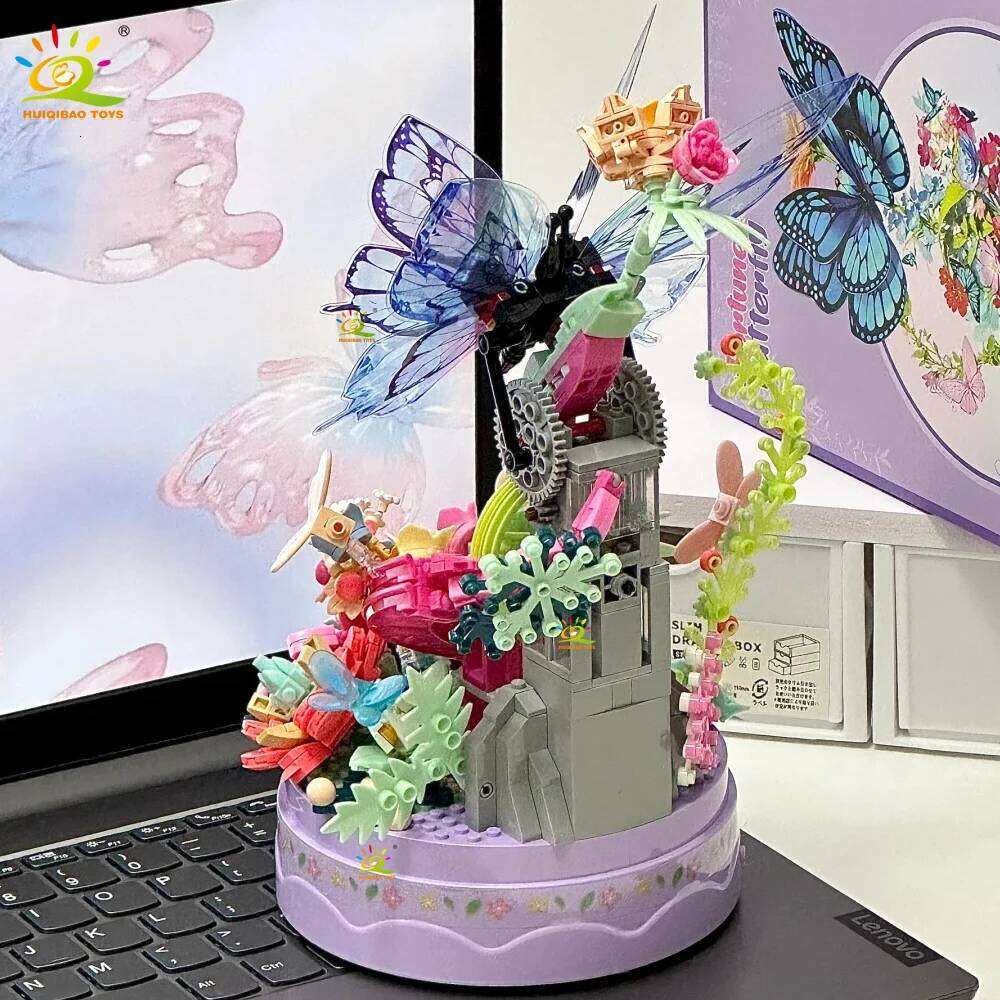 HUIQIBAO 630PCS MOC Butterfly Music box Model Building Block Flower Brick Construction Toy For Children Desk Home Decoration Z260306