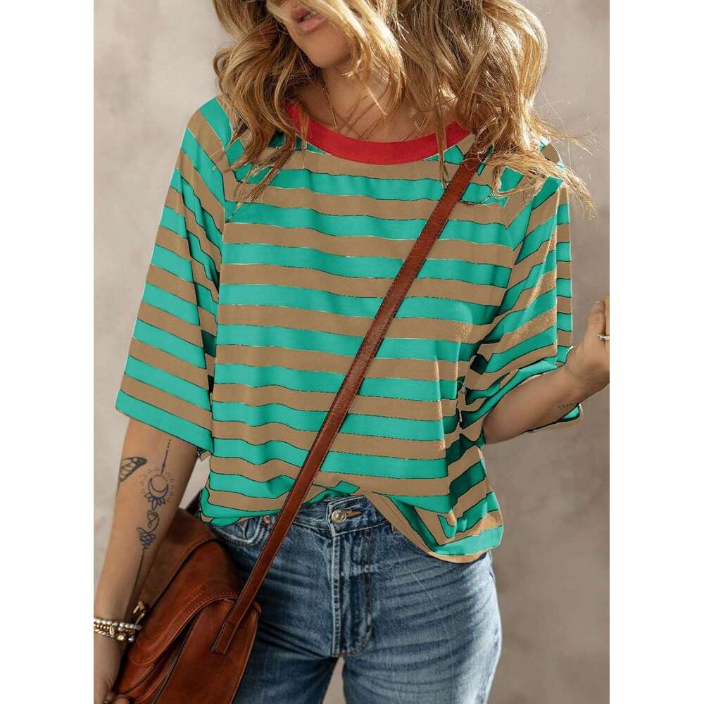 Tops Designer Striped 2026 Fashion T Shirts for Women Color Block Crewneck Design Loose Basic Tee