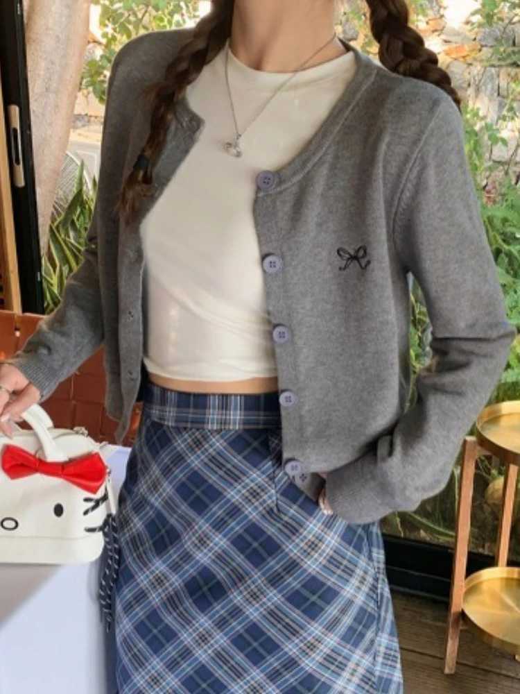 Fashion O-Neck Single-breasted Tops Korean Style Bow Embroidered Knitted Cardigan Women Autumn Winter Solid Full Sleeve Sweater M260306