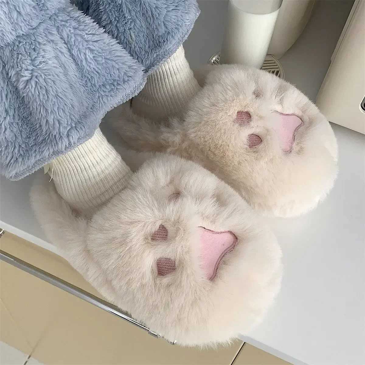 Women Kawaii Cat Claws Fluffy Fur Plush Slippers Womens Home Slippers Cute Cotton Non Slip Winter Shoes Women Christmas Gift S260305