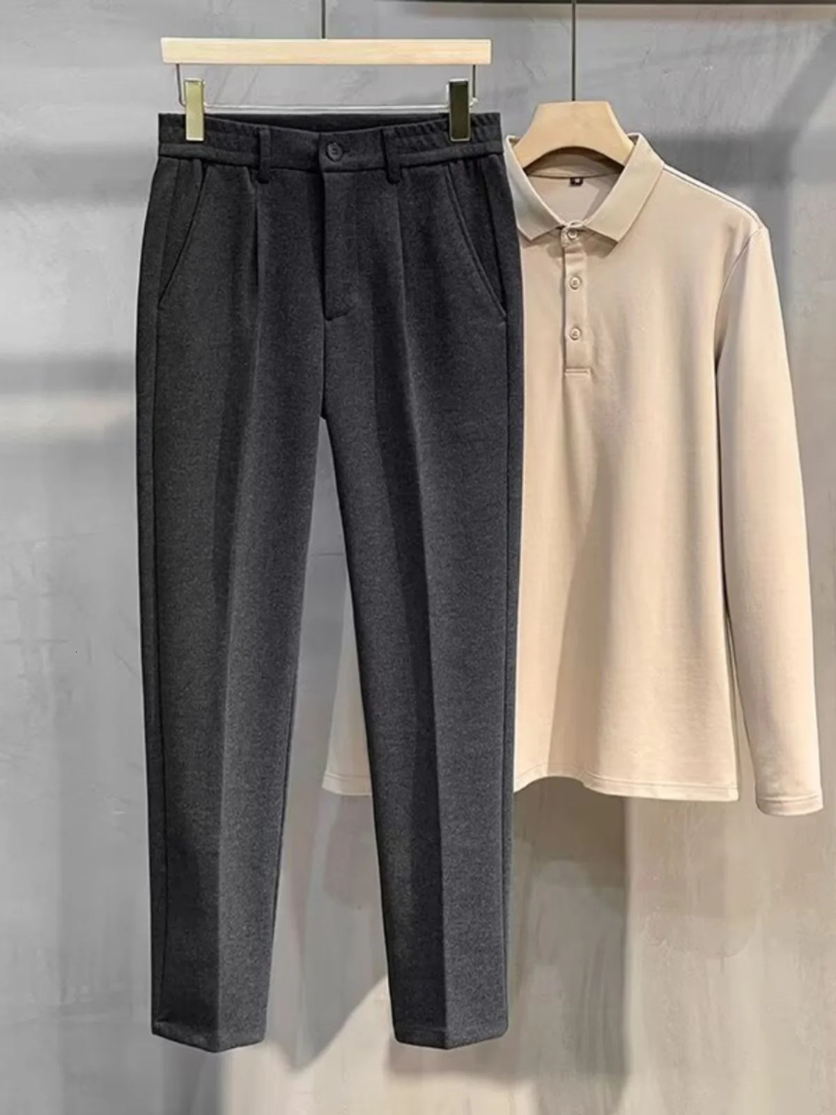 Mens Woolen Casual Pants Autumn Winter Thiened Straight Leg Slim Fit Long Trousers Korean Faion Nine Points Pants 260304
