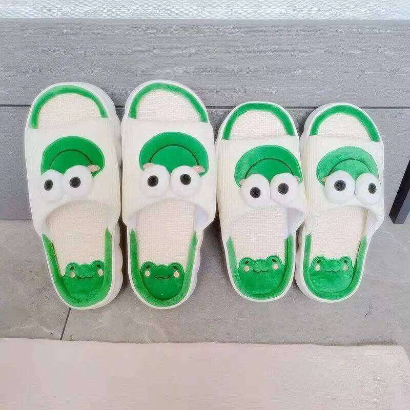 Women Men Cartoon Frog Linen Spring Summer Anti Slip Home Slippers Thick Bottom