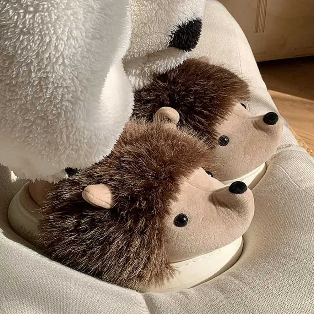 New Cute Cartoon Fluffy Slippers For Woman Winter Warm Shoes Funny Hedgehog Anti-slip Soft Plush Girls Indoor Home Floor Slides S260305