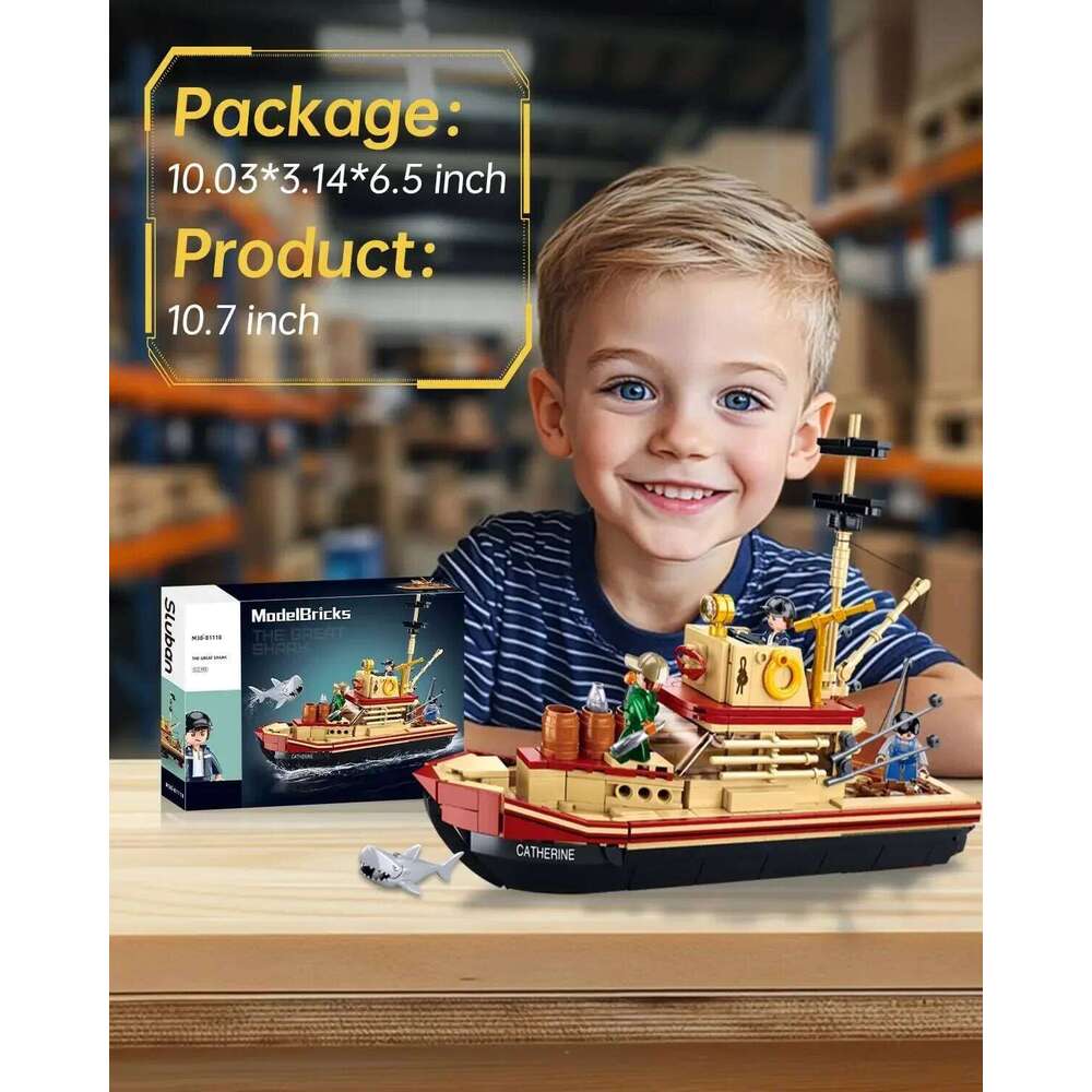 592PCS Shark Fishing Ship Building Blocks Great White Model with Mini Figures Creative DIY Toy Birthday Gift for Kids Adults Z260306