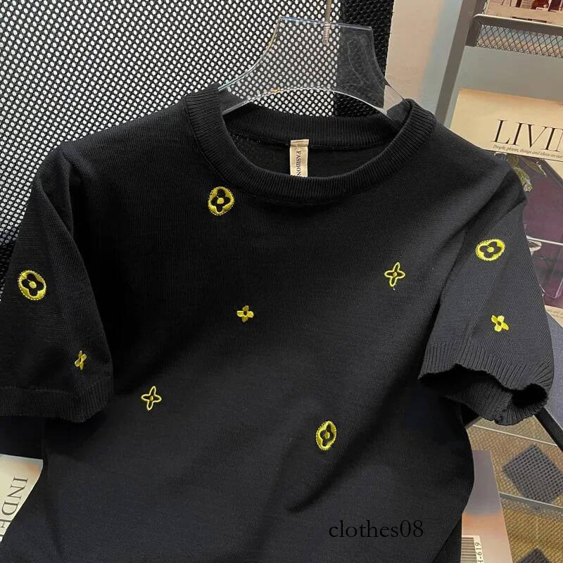 2022 Spring Summer New Men's Half Sleeve Embroidered Round Neck Ice Silk T-Shirt Trendy Knitted Base Layer Casual Style