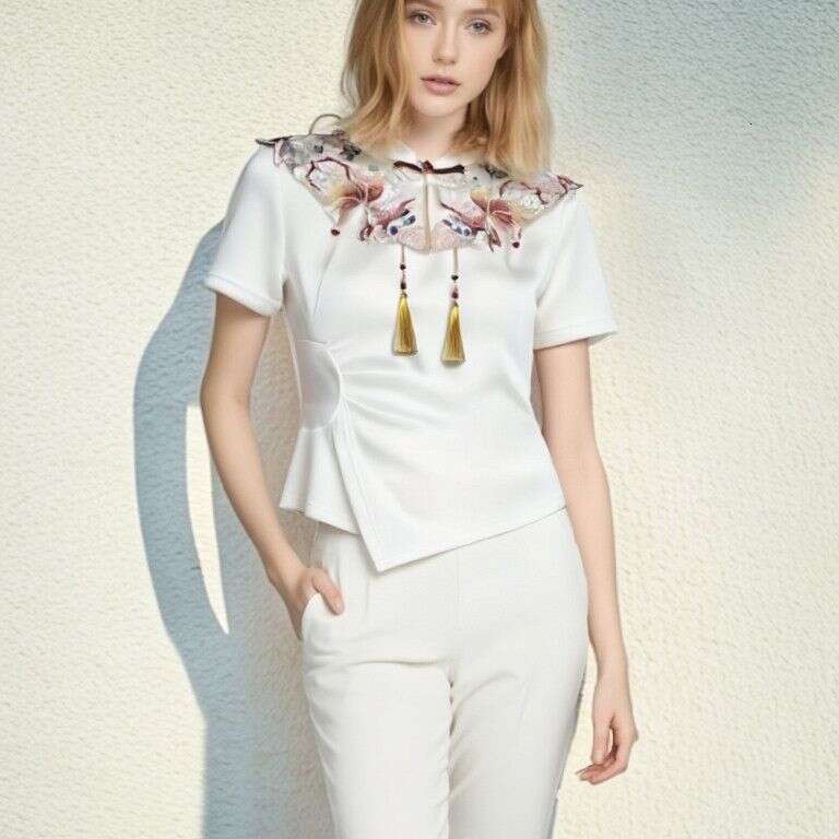 2025 Summer New Chinese Style Embroidered Short-Sleeve T-Shirt With Stand Collar, High-End Design Women's Top Asia Size