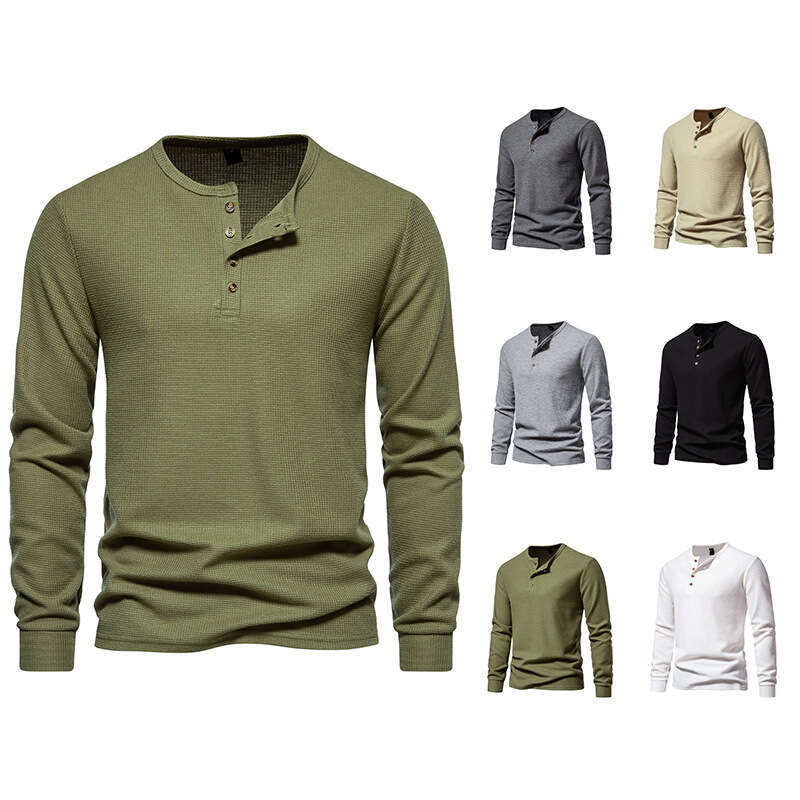 Amazon's new autumn and winter for men, four-button waffle knit Henry collar men's long-sleeve T-shirt