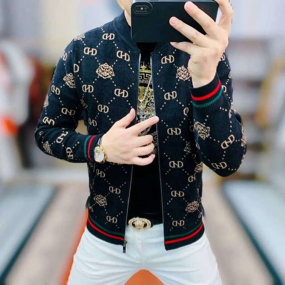 High Quality Autumn And Winter New Knitted Jacquard Men's Jacket Trendy Fashion Slim Cardigan Sweater