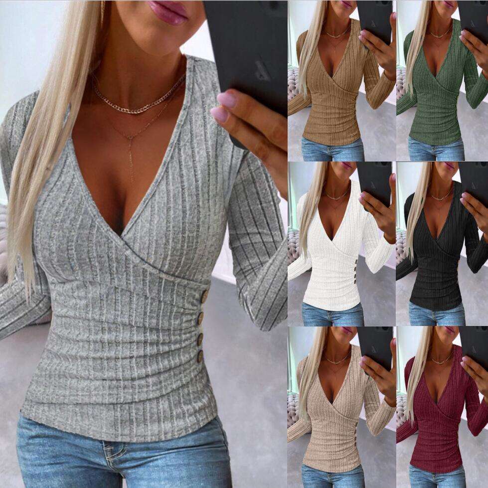 european and american new designer 2025 autumn ribbed button knit pullover v neck slim fit long sleeve t shirt for women