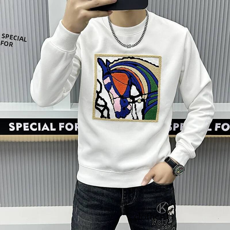 High-End Long Sve Hoodie Men's Embroidered Head Pattern round Ne Base irt Quali European Faion Youth Cotton ...