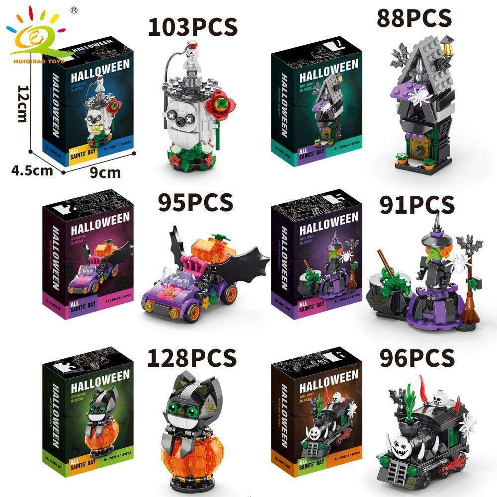HUIQIBAO 6IN1 Halloween House Train Model Building Blocks City Pumpkin Ghost Car MOC Bricks Set Toys for Children Kids Gift Z260305