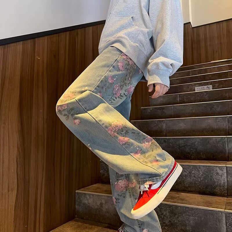 Chao Lun Denim Jeans, New Collection, Printed High Street Casual Pants, Men's Trendy Autumn Long Pants