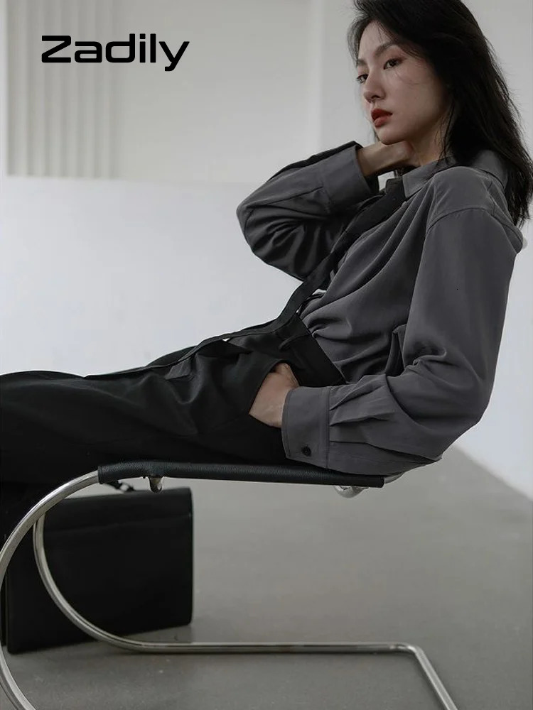 Korean Style Minimalist Oversized Blouse Women Long Sleeve Button Down Shirt with Detachable Tie for Office Casual Wear 260306