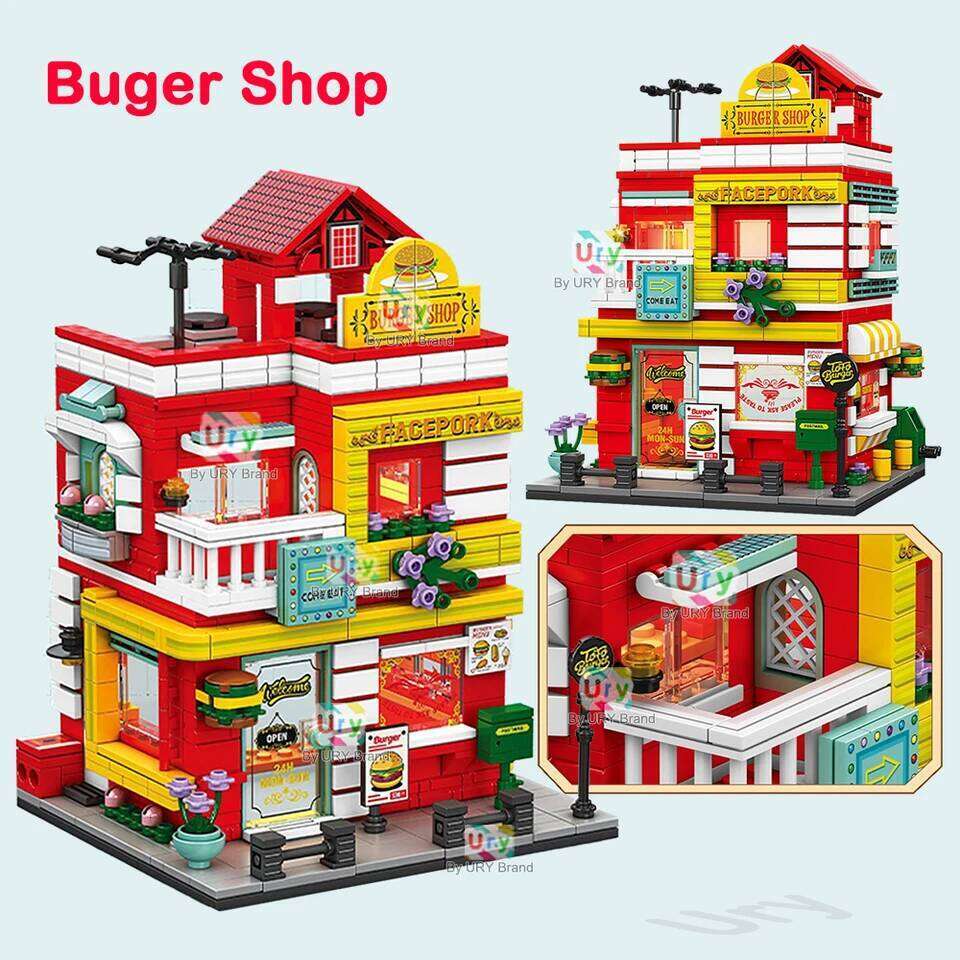 City Street View Modular Mall Supermarket Hotel Burger Coffee Shop Retro Flower House MOC Architecture Building Blocks for Kids Z260305