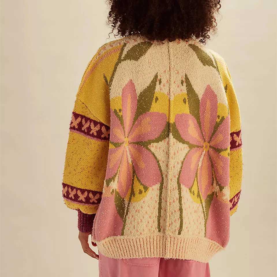 Women Knit Cardigan Long Sleeve Button Closure Flower Fall Winter Casual Jacket Sweater Y2K Vintage Streetwear M260306