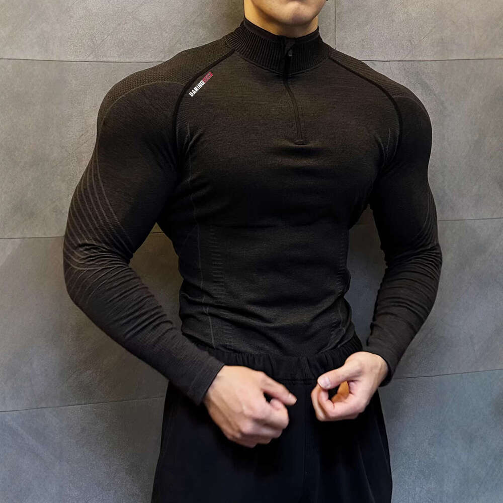 Elastic, quick-drying, seamless jacquard, figure-flattering fitness shirt, sports long-sleeve, breathable, slim-fit, casual half-zip training shirt fo
