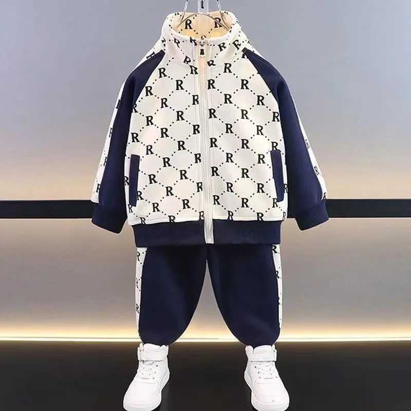 Kids Tracksuits 2Pcs, 2-10Y Boys R Letter Splicing Cotton Jacket & Pants Set, Spring Autumn Korean Fashion Sport Leisure OutfitsT260306