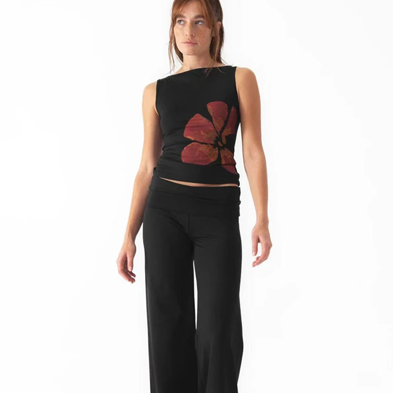 Fashion Womens Crop Tank Tops Fitted Flower Print Boat Neck Sleeveless Summer Tops for Party Club 260306