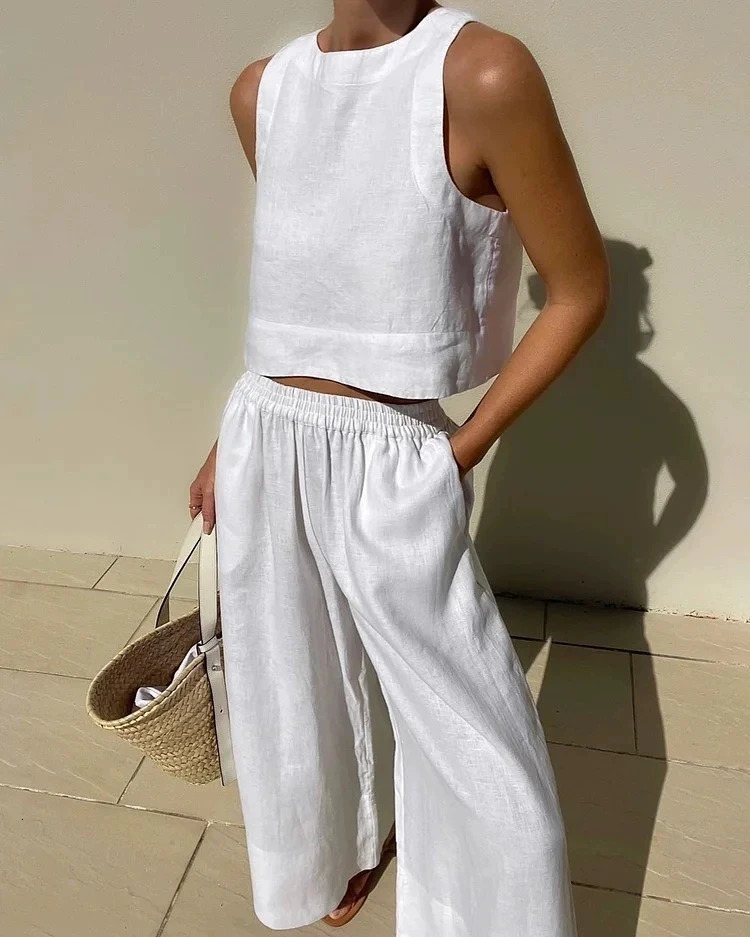 Cotton And Linen Pant Sets Women Sleeveless Leace-up Short Tops Drawstring Long Pants Two Piece Set Commuting Summer 260304