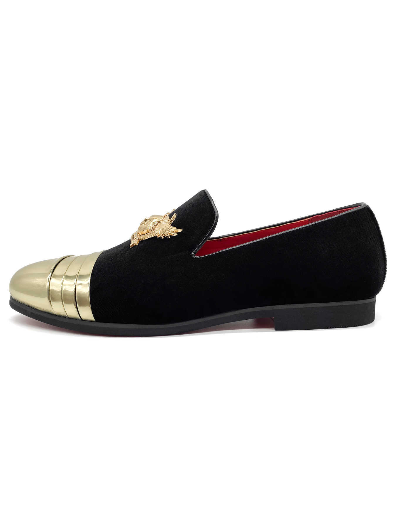 Men's Luxury Black Velvet Loafers Gold Cap Toe and Ornate Eagle Badge Red Bottom Dress Shoes