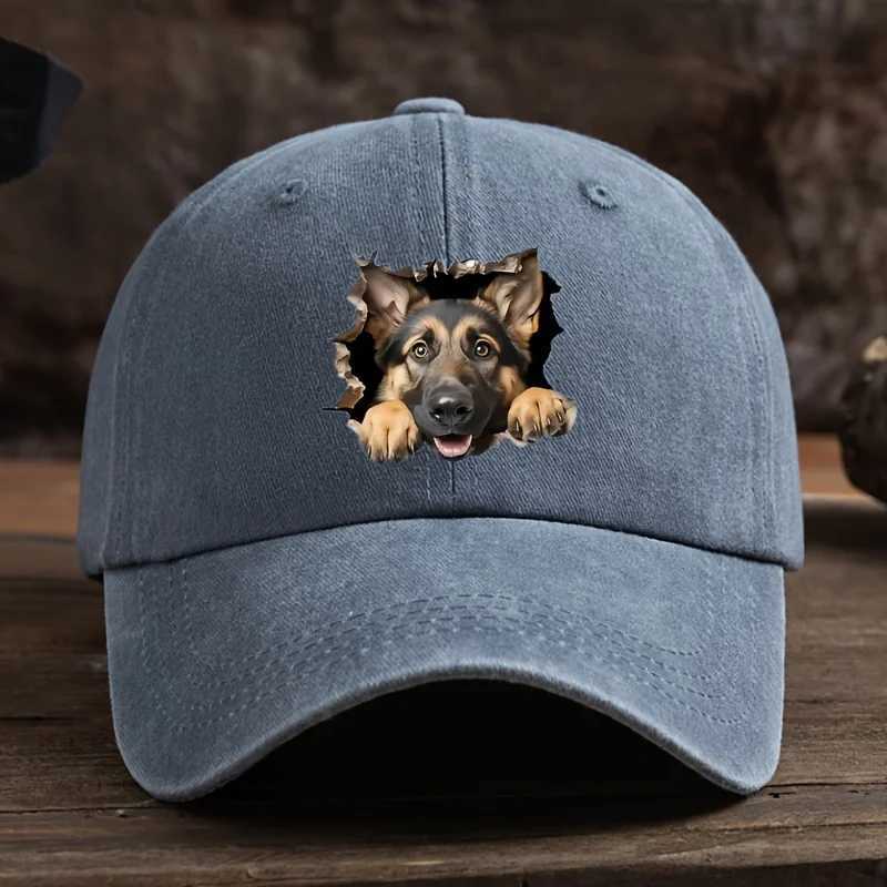 Broken hole wolf dog print baseball cap mens outdoor duckbill cap curved brim washed retro sun hat S260306