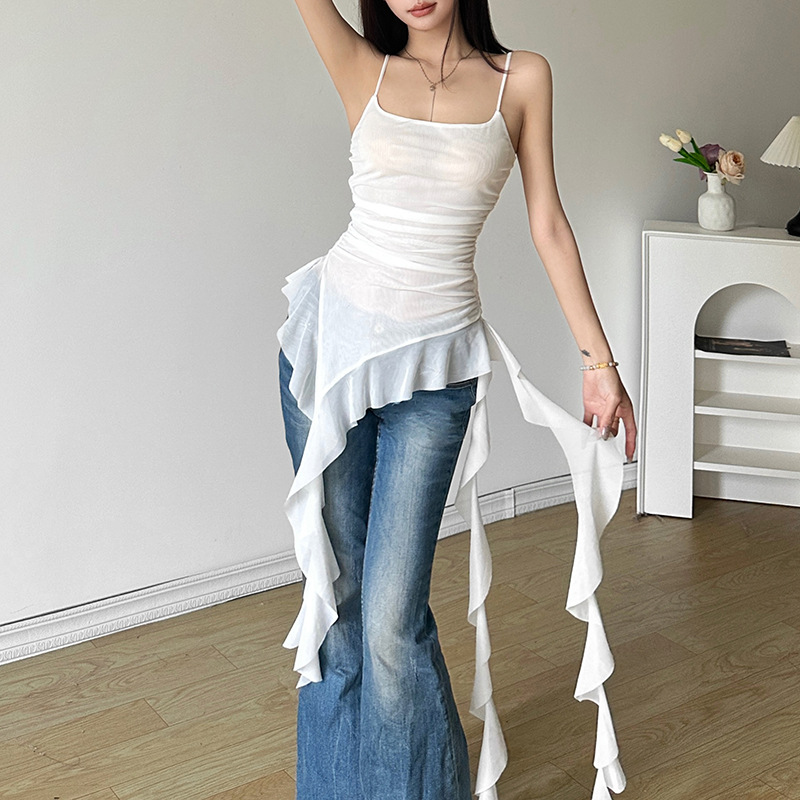 Basic & Casual Dresses Street Tie-dye Mesh Camisole Vest 2026 Sumemr New All-match Tank Top Y2k Slim Fit Irregular Ruffles Tassel Sling Dress