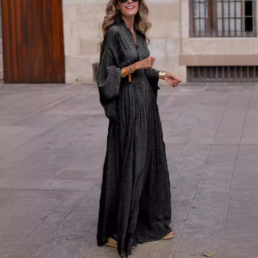 2026 European and American Autumn Style Long Sleeve Loose V-Neck Waist-Cinching Flared Dress for Women