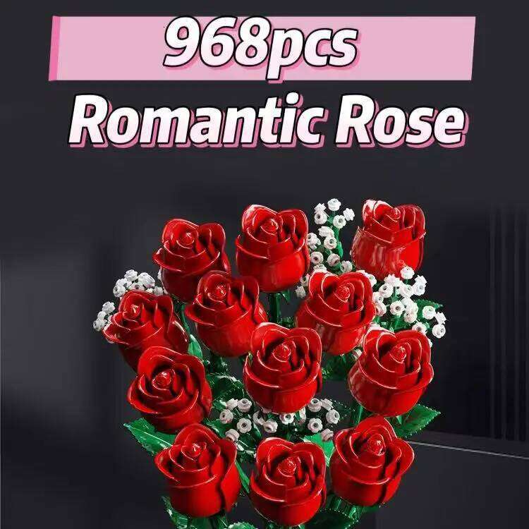 968PC Romantic Rose Flower Bouquet Building Blocks Valentine's Day Gift Women/Men,for Home Decor Gifts for Anniversary Z260306