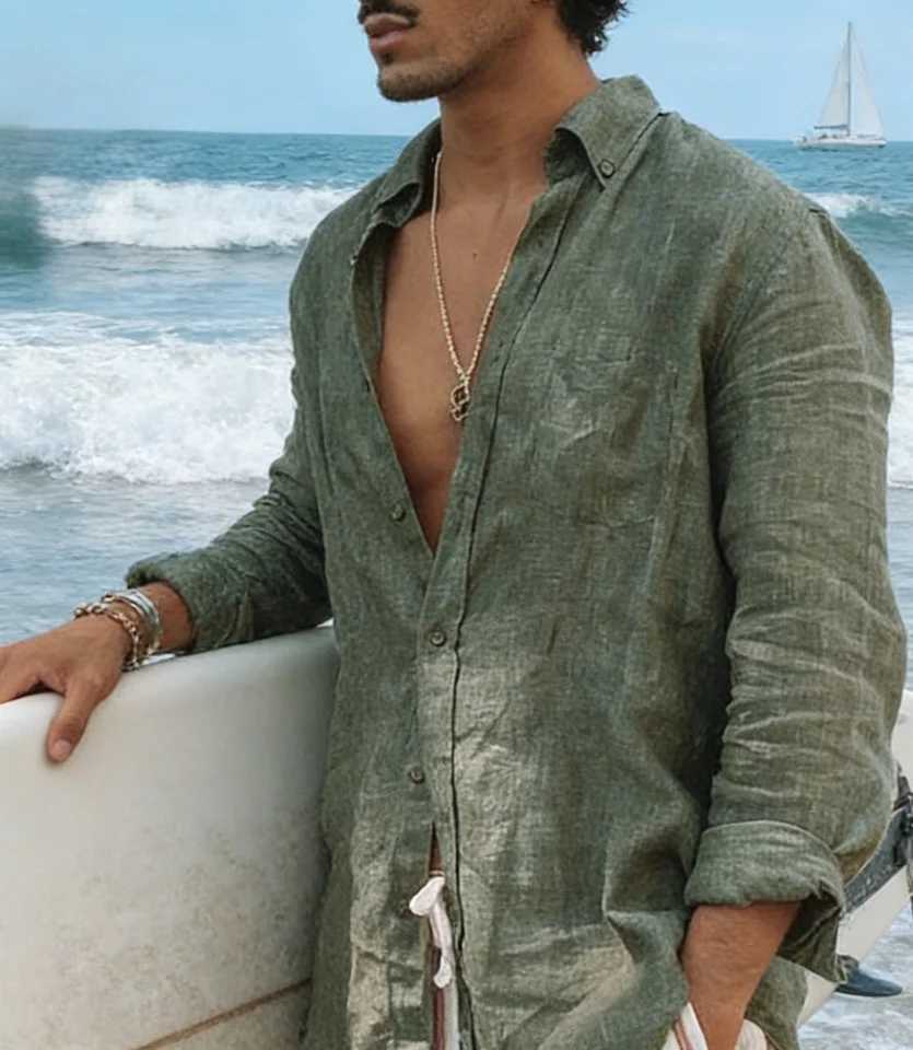 Mens new mens long sleeve buttoned cotton linen shirt lapel cardigan M260305