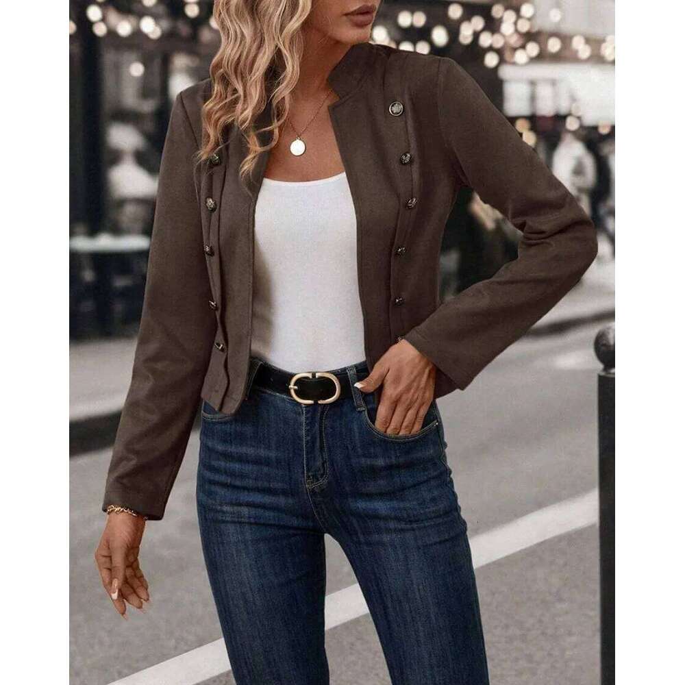 Womens Faux Suede Open Front Jacket Coat Double-Breasted Buttons Casual Outerwear