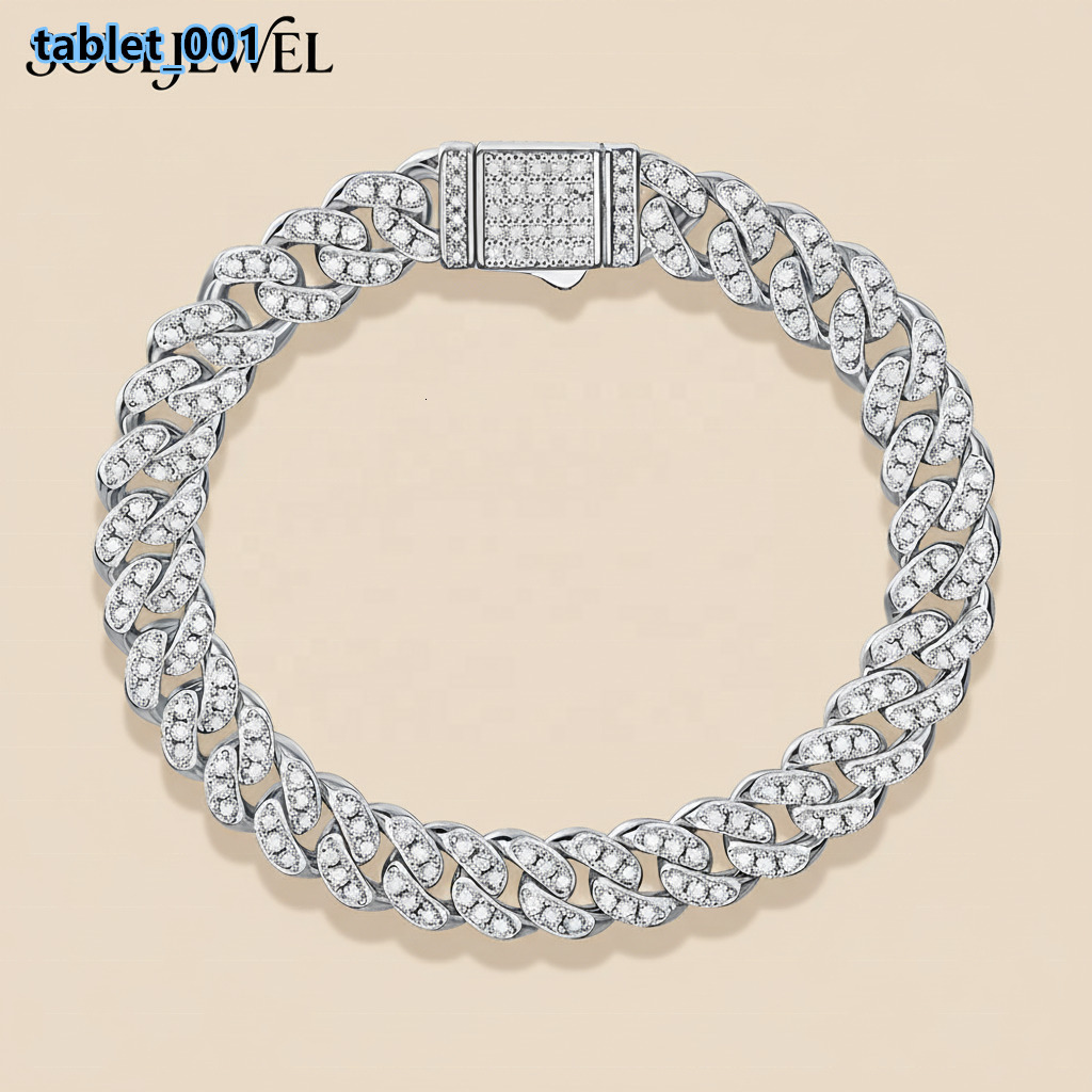 Sterling Silver Rhodium Plated Brilliant Cut Moissanite Claw Set Cuban Chain Link Hip Hop Style Unisex Luxury Everyday Bracelet