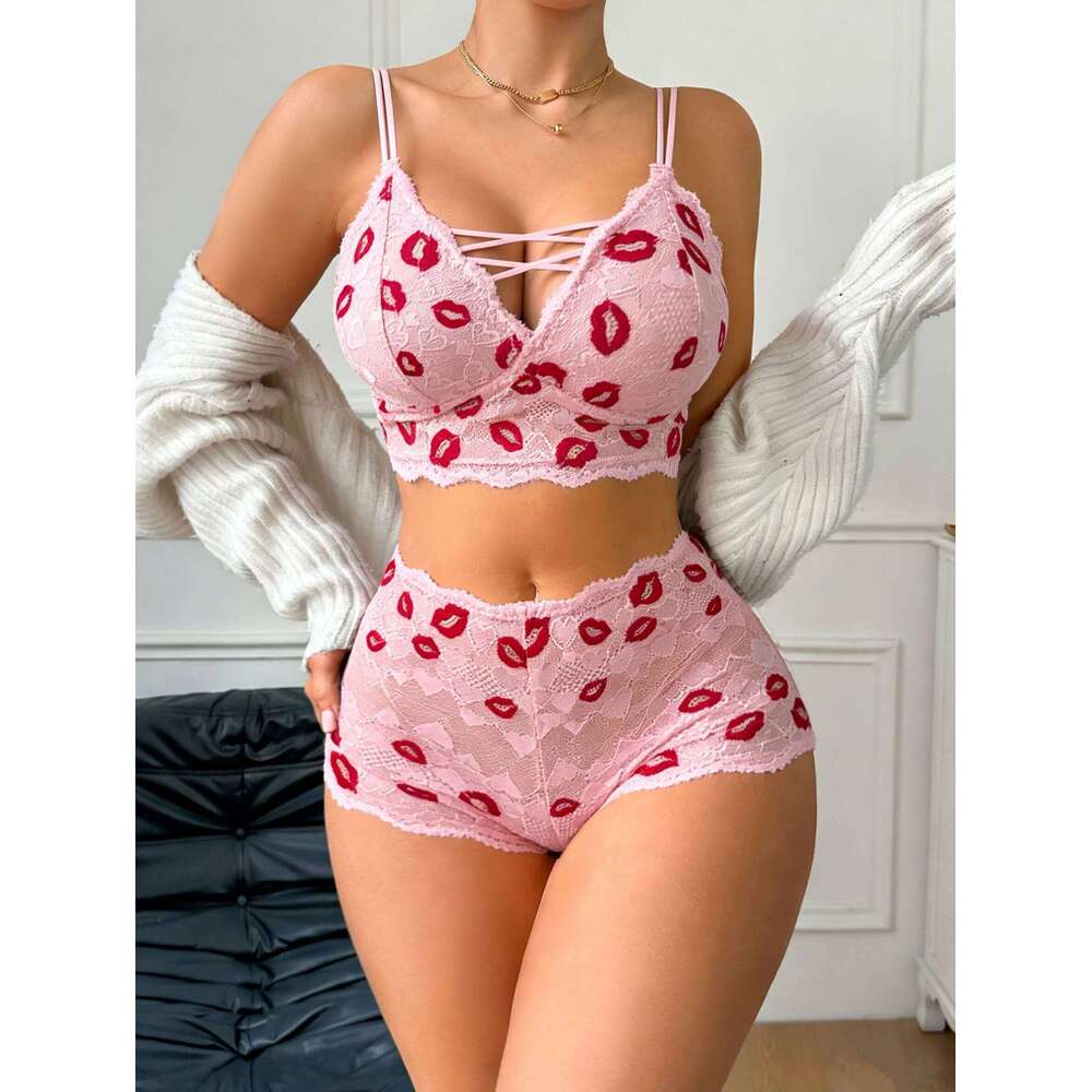 Lip Print Women's Underwear Hollow-Out Lace Unlined Bra Lingerie Set Thin Cup Wireless Sexy Bras and Sheer Panties