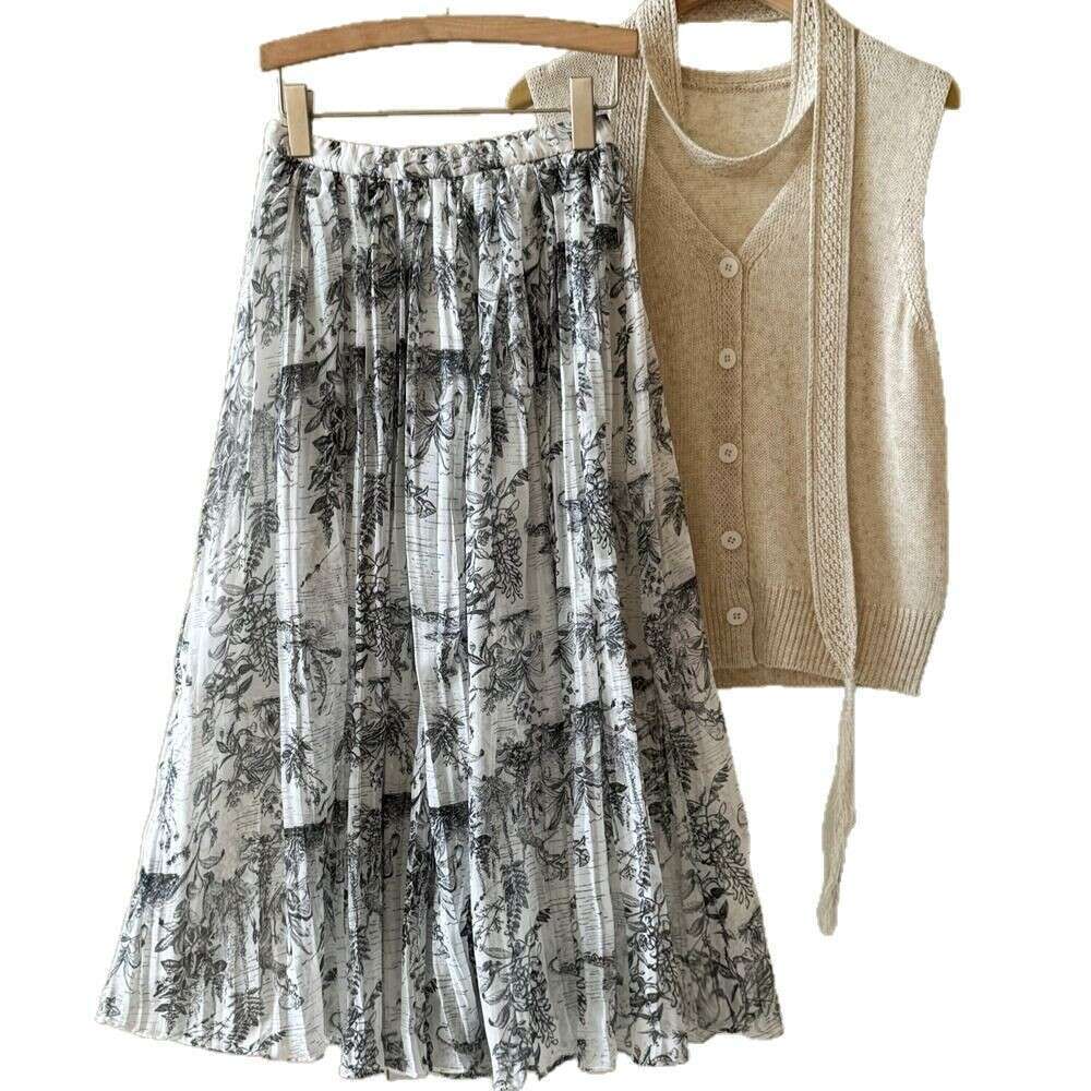 Ink print 2026 spring and summer Chinese women's medium-sized handmade pleated A-line skirt