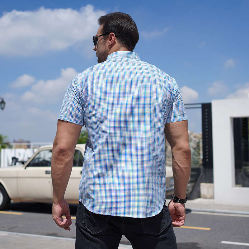 Cross-border summer plus-size plaid loose casual oversized big and tall men, yarn-dyed short-sleeve shirt for men