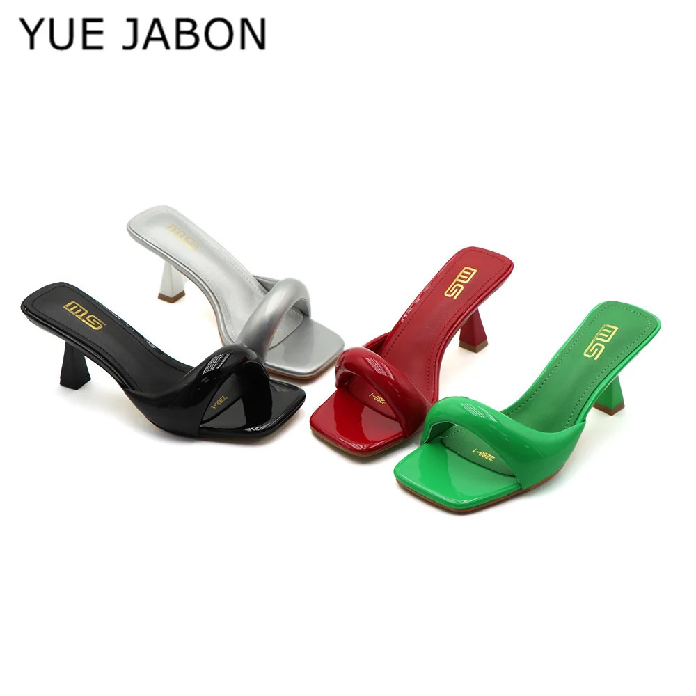 Green Silver High Heel Slippers Women Open Toe Slingback Sandals Female Pumps Square Toe Summer Simple er Heeled Sandals 260303