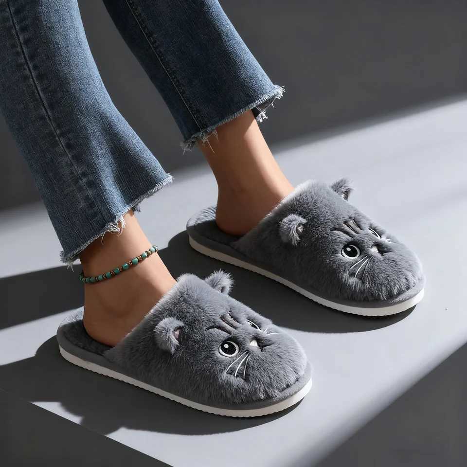 Cute Cat Cotton Slippers Unisex Warm Soft Winter Home Shoes Maternity Recovery Slip-On Comfortable Furry Slippers S260305