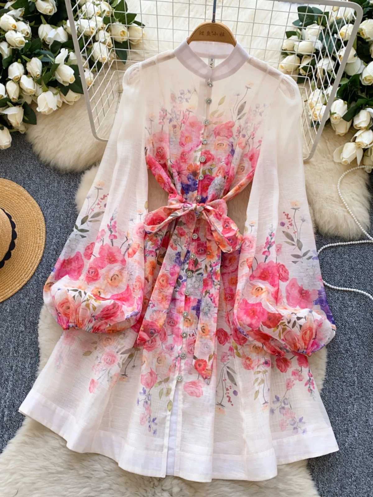 French Court Style Vintage Lantern Sleeve Dress Pearl Single Breasted Belt Slim Waist A-line Big Swing Robe Spring Chic Vestidos X260306