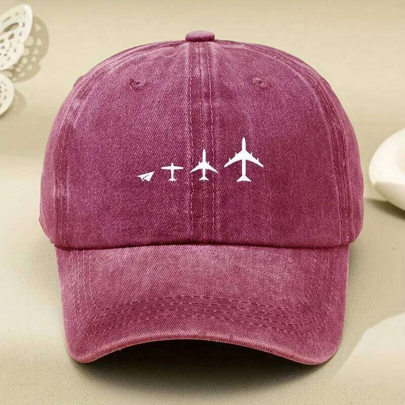 Retro airplane print washed baseball cap adjustable for both men and women, breathable black casual outdoor activity sun hat Y260304